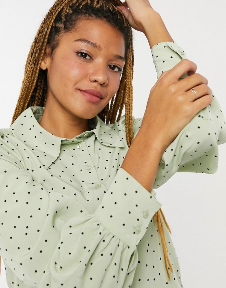 Monki Nala Recycled Dot Print Blouse In Dusty Green