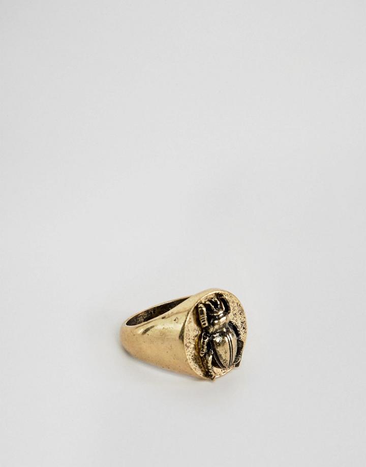 Asos Design Chunky Ring With Beetle In Burnished Gold - Gold