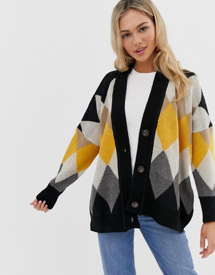 Qed London Cardigan In Argyle Knit - Multi
