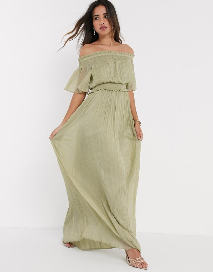 Asos Design Bardot Shirred Maxi Dress In Sage Green