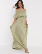 Asos Design Bardot Shirred Maxi Dress In Sage Green
