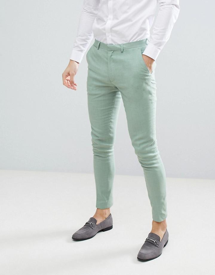 Asos Design Wedding Super Skinny Suit Pants In Sage Green Linen - Green