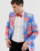 Asos Edition Slim Tuxedo Blazer In Blue And Pink Abstract Jacquard - Blue