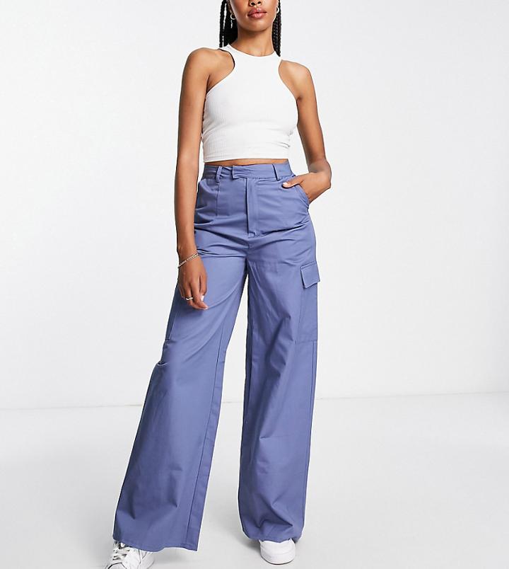 Missguided Tall Wide Leg Twill Cargo Pants In Blue