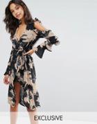 Missguided Cold Shoulder Wrap Floral Midi Dress - Multi