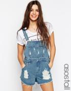 Asos Tall Denim Overall Short In Vintage Mid Wash With Raw Hem - Vintage Wash