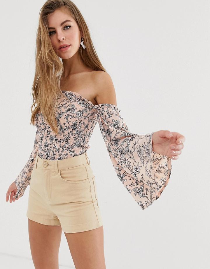 Parisian Floral Shirred Off Shoulder Top-pink