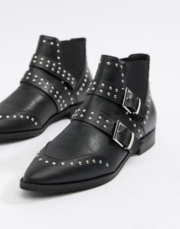 Asos Design Alas Pointed Studded Buckle Ankle Boots - Black