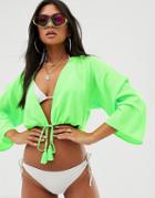 Asos Design Tie Front Beach Top In Neon Apple Green