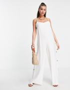 Asos Design Strappy Button Side Linen Jumpsuit In White