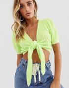 Asos Design Neon Knot Front Knitted Crop Top - Green