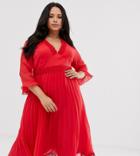 Asos Design Curve Pleated Midi Dress With Lace Inserts - Red