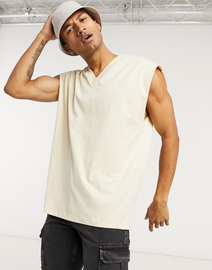 Asos Design Oversized Tank With V Neck In Beige-neutral