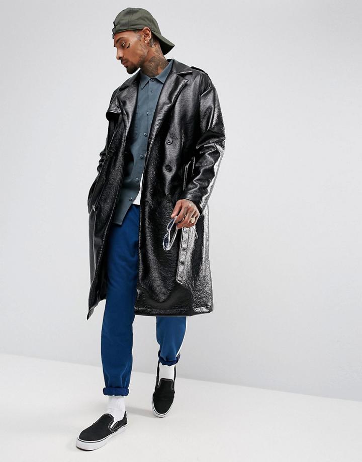 Asos Oversized Vinyl Trench Coat In Black - Black