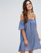 Anmol Pom Pom Off Shoulder Chambray Beach Dress - Blue