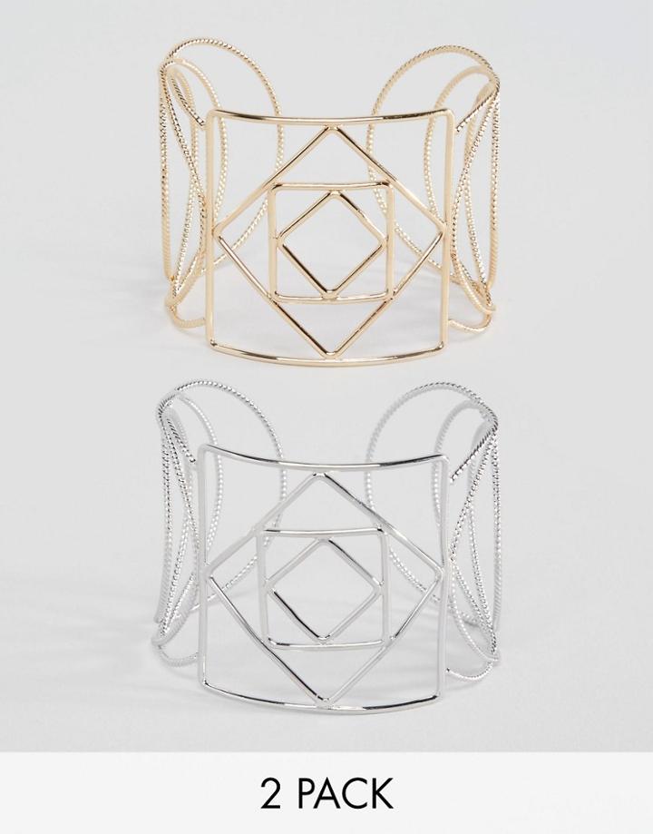 Nylon Cut Out 2 Pack Cuff Bracelets - Gold