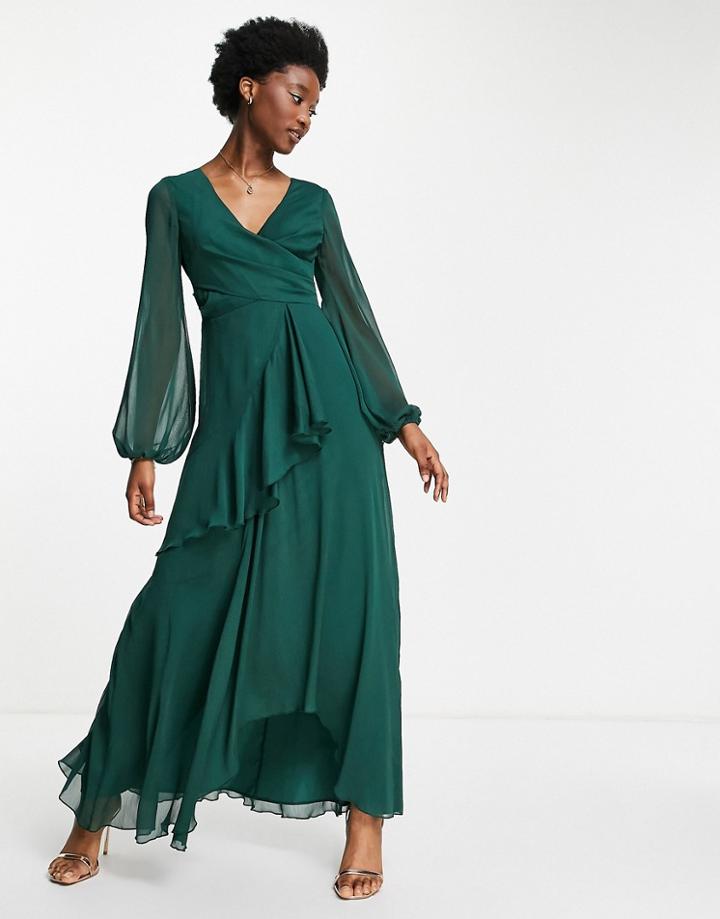 Asos Design Wrap Waist Maxi Dress With Double Layer Skirt In Forest Green