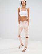 Missguided Distressed Knee Joggers - Beige