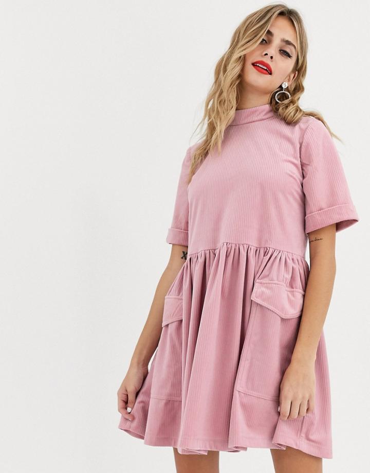 Asos Design Mini Cord Smock Dress With Utility Pockets-pink