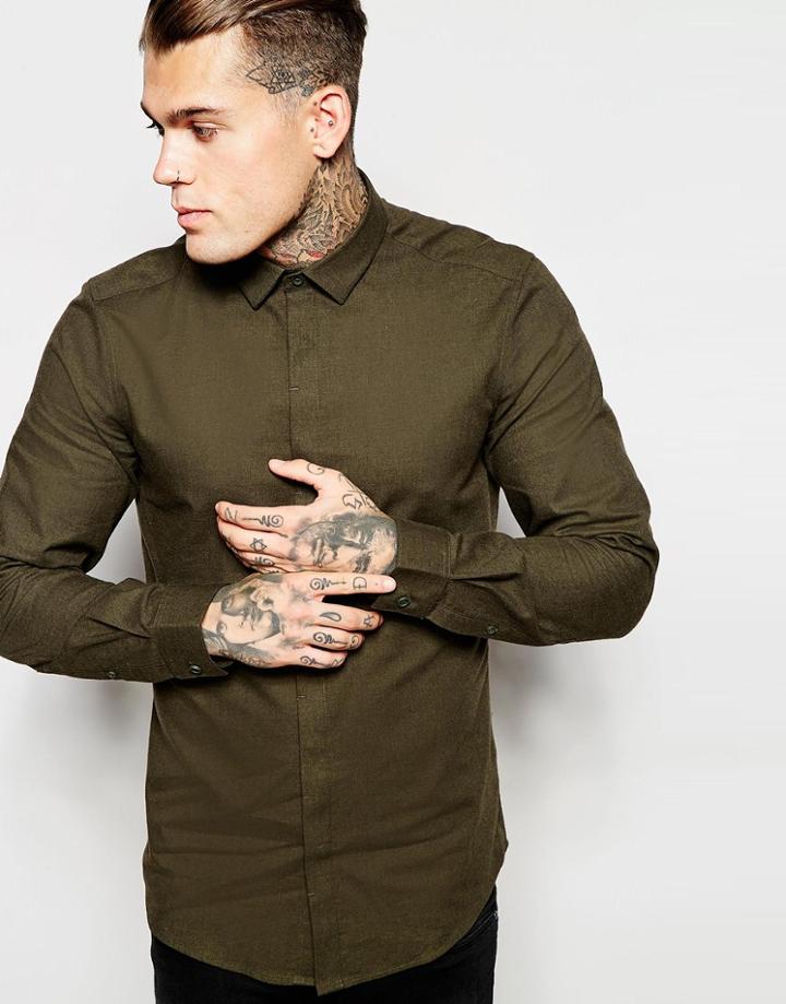 Asos Shirt In Twill With Long Sleeves - Green