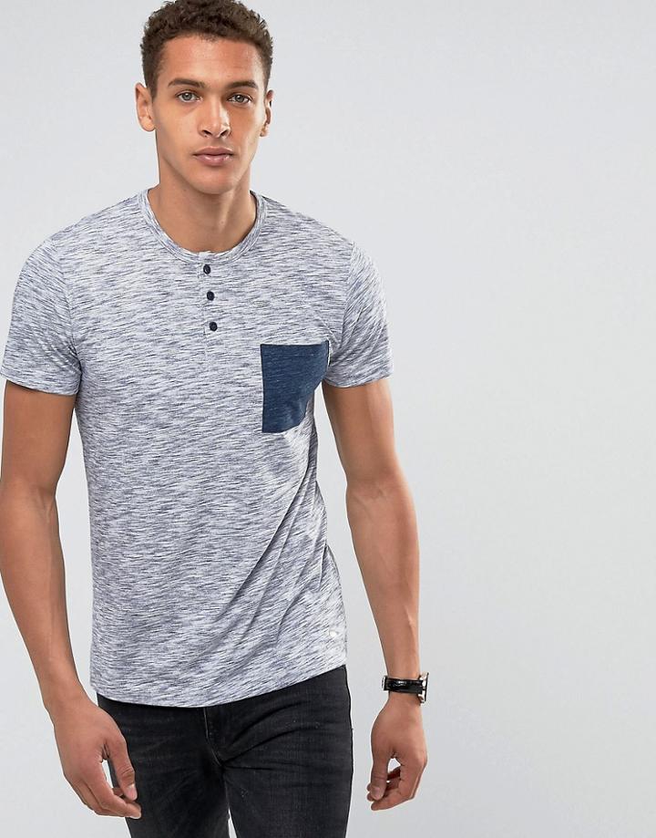 Esprit T-shirt With Henley Neck And Marl Contrast Pocket - Navy