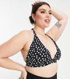 Simply Be Halterneck Bikini Top In Black Polka-multi