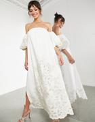 Asos Edition Off Shoulder Midi Dress With Tonal Placement Embroidery In Ivory-white