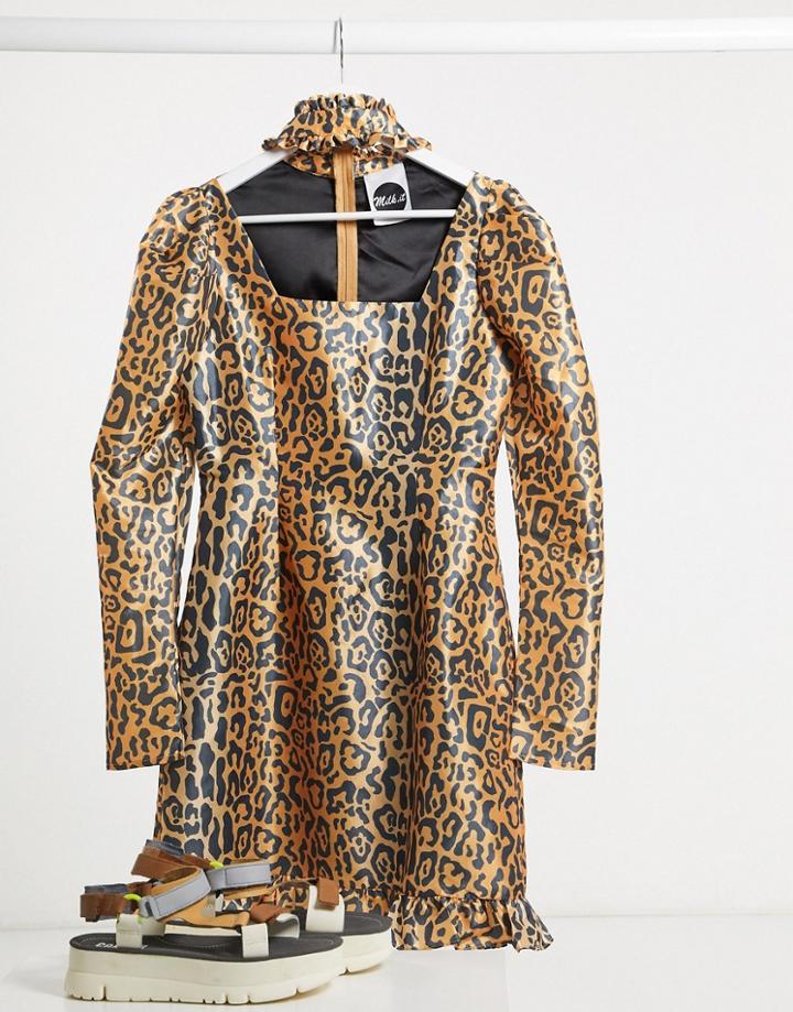 Milk It Vintage Puff Sleeve Leopard Dress With Cut Out Detail-brown