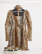 Milk It Vintage Puff Sleeve Leopard Dress With Cut Out Detail-brown