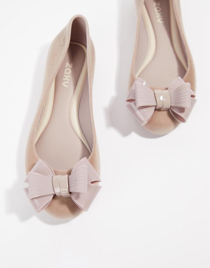 Zaxy Flock Bow Ballerinas-pink