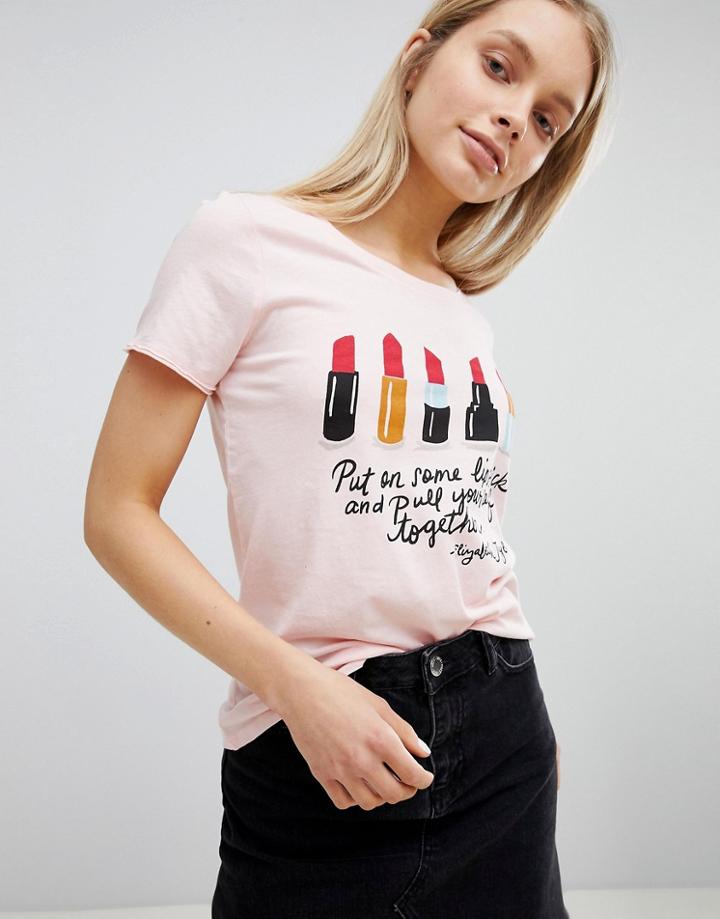 Only Pull Yourself Together Lipstick Print T-shirt - Pink