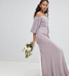Tfnc Tall Bardot Maxi Bridesmaid Dress With Sleeve Drama And Embellished Waist - Gray