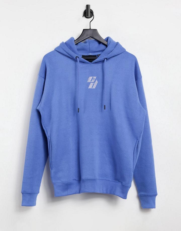 Criminal Damage Oversized Hoodie With Rhinestone Embellished Logo In Blue-blues