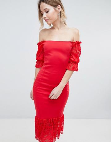 Silver Bloom Laceinsert Bardot Dress - Red