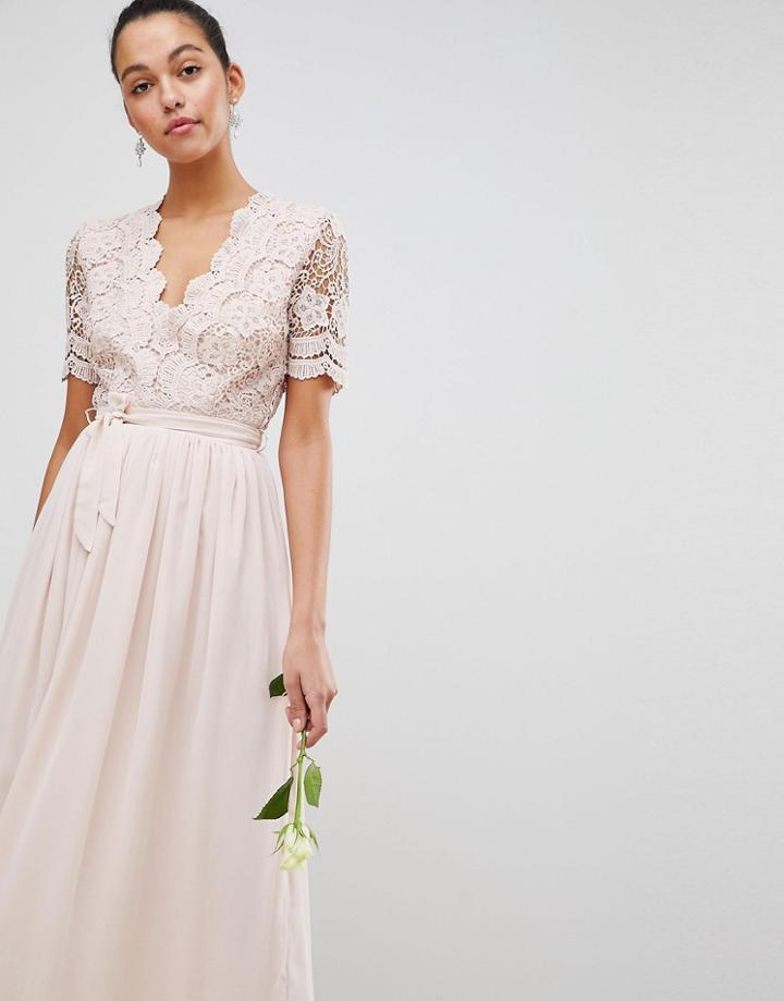 Club L Short Sleeve Crochet Lace Maxi Dress With V Neck-yellow