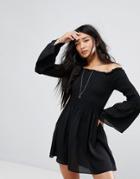 Missguided Fluted Sleeve Shirred Bardot Skater Dress - Black