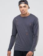 Jack & Jones Long Sleeve T-shirt With Distressed Detail - Asphalt