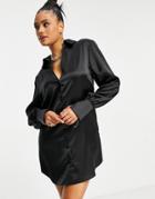 Asos Design Slouchy Satin Plunge Shirt Mini Dress In Black