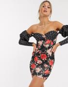 Asos Design Sweetheart Bardot Puff Sleeve Mini Dress In Mixed Print-multi