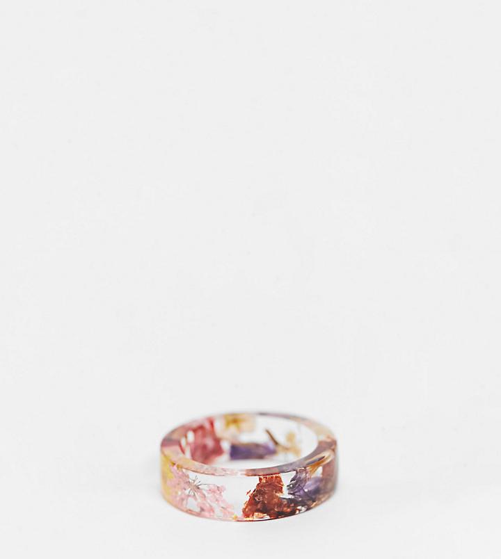 Asos Design Curve Ring With Colorful Flowers In Clear Plastic Resin-multi