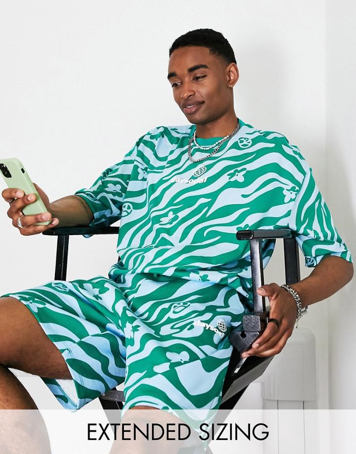 Asos Daysocial Oversized T-shirt In All Over Graphic Print In Blue And Green - Part Of A Set