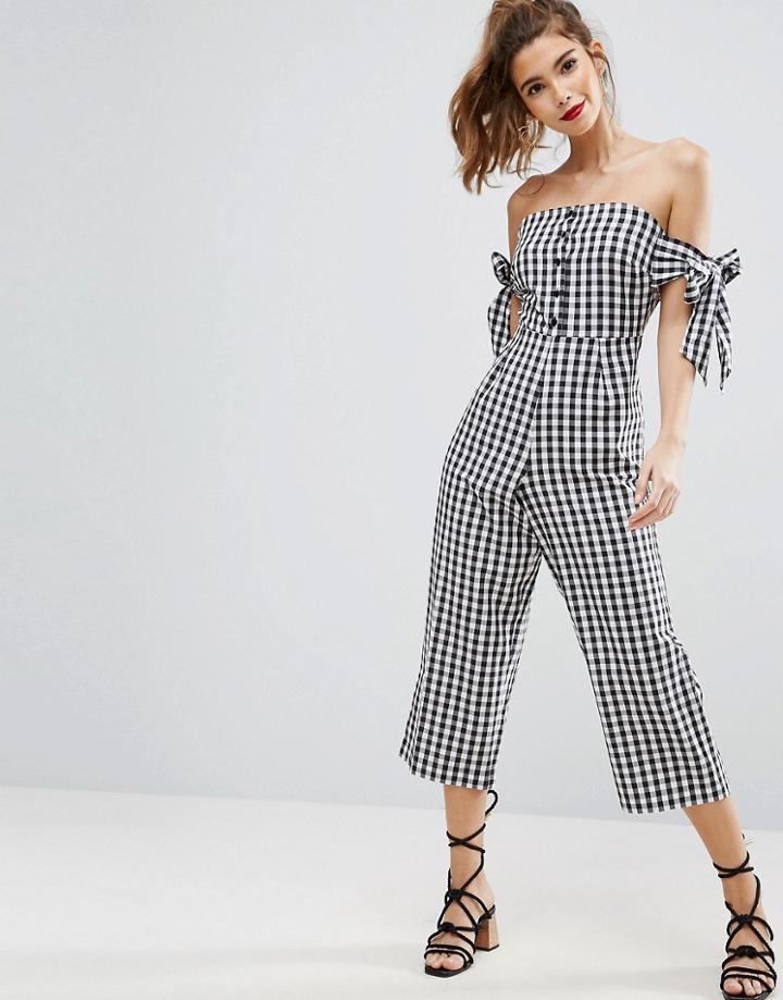 Asos Off Shoulder Jumpsuit With Tie Sleeve In Gingham - Black