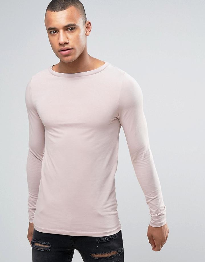 Asos Long Sleeve Extreme Muscle T-shirt With Boat Neck In Pink - Pink