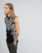 Asos Design Longline Sleeveless T-shirt With Dropped Armhole With Paisley Skull Print & Acid Wash - Black