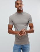 Asos Design Muscle Fit Turtleneck T-shirt With Stretch In Beige - Beige