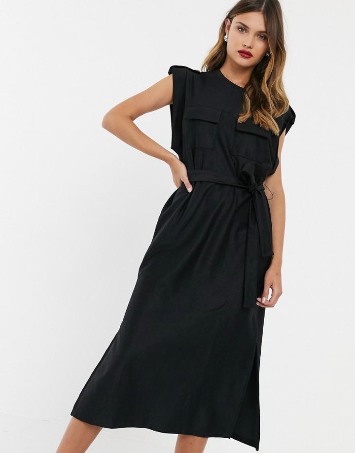 Asos Design Utility Pocket Sleeveless Belted Midi Dress-black