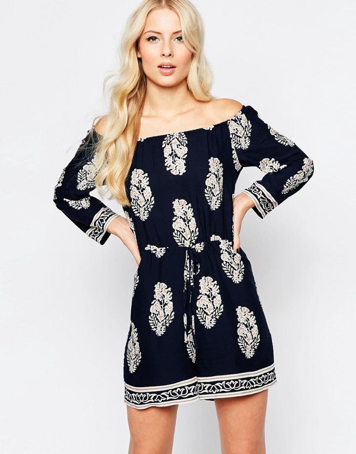 Parisian Off Shoulder Romper In Border Print