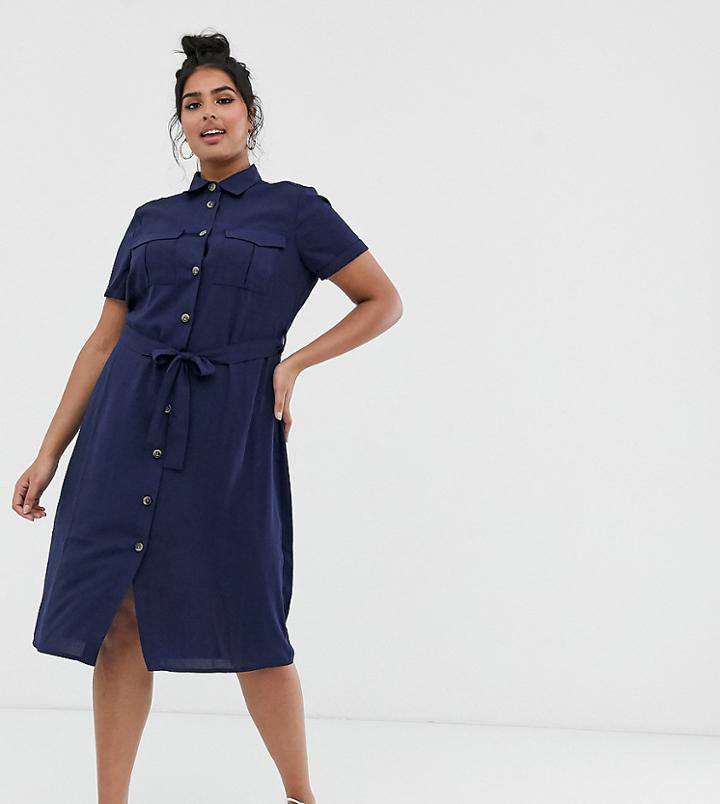 Brave Soul Plus Marty Tie Front Shirt Dress-navy
