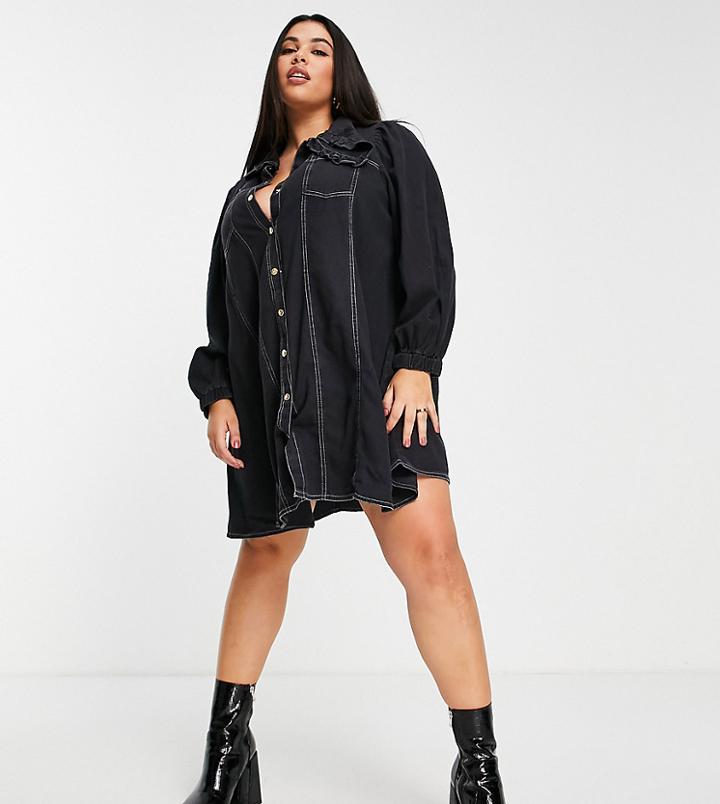 River Island Plus Ruffle Collar Puff Sleeve Denim Mini Shirt Dress In Black
