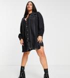 River Island Plus Ruffle Collar Puff Sleeve Denim Mini Shirt Dress In Black